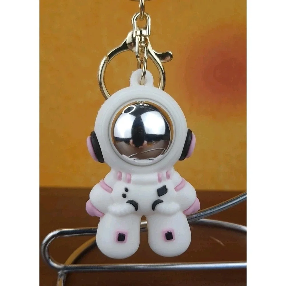 Space Astronaut Keychain Backpack Clip PVC Silver Reflective Face Pink And Black